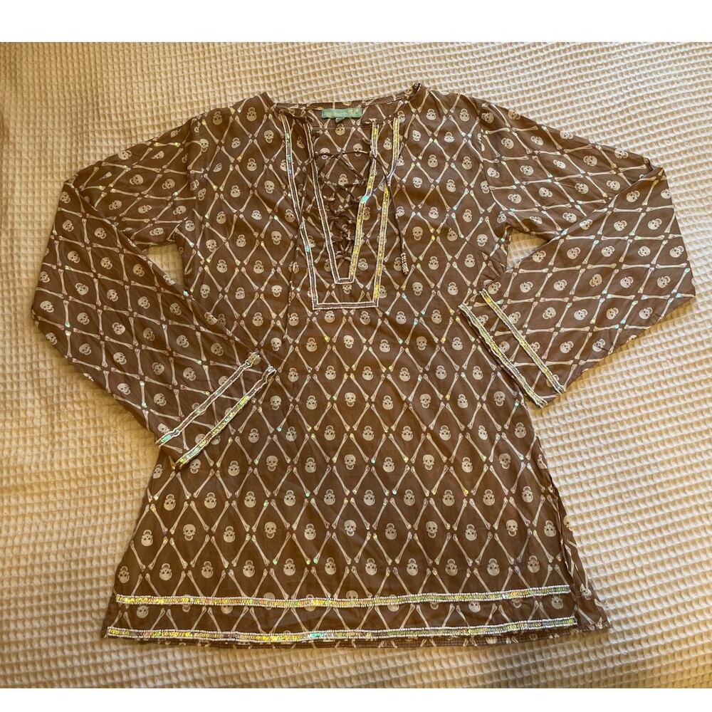 LETARTE Handmade Skull & Crossbones Beaded Jeweled Cotton Light Brown Tunic M/L